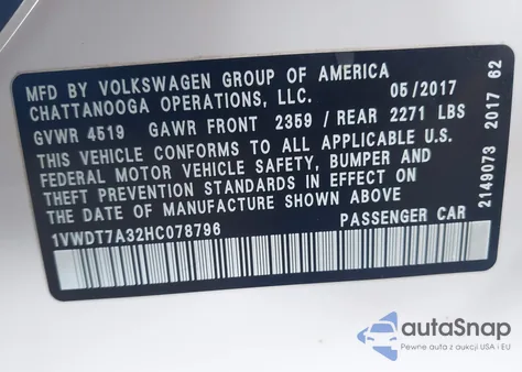 2017 Volkswagen Passat 1.8T R-Line z USA, uszkodzony, nr VIN 1VWDT7A32HC078796